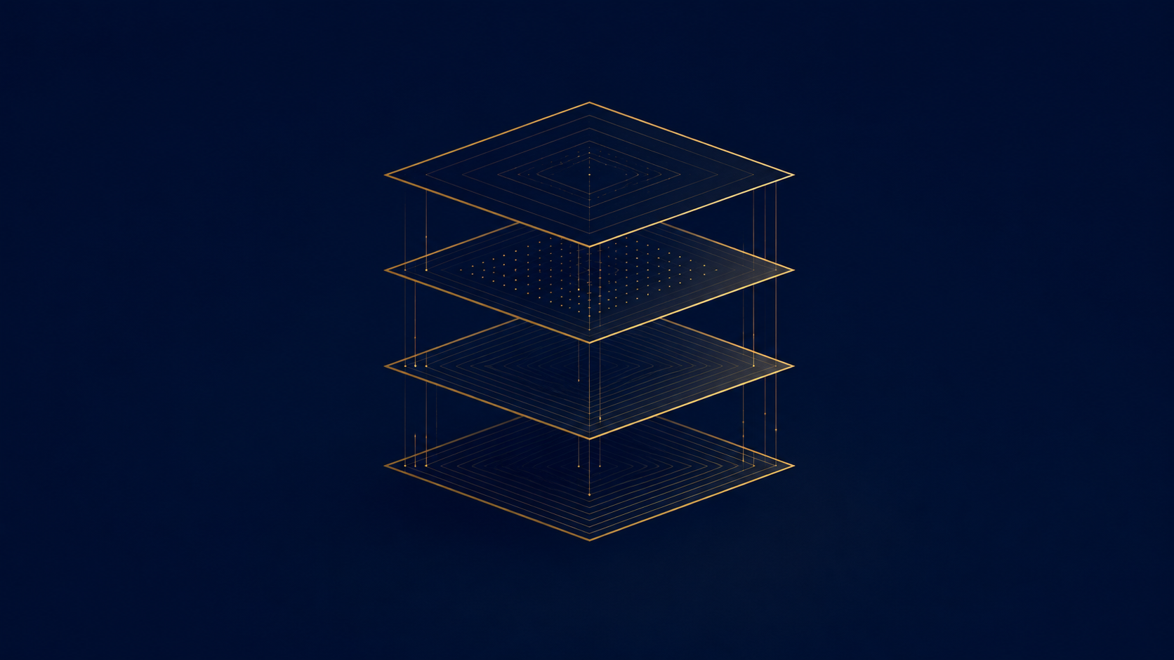 Four stacked gold-outlined layers representing Design, Build, Operate, and Scale, the structured layers of the DBOS methodology.